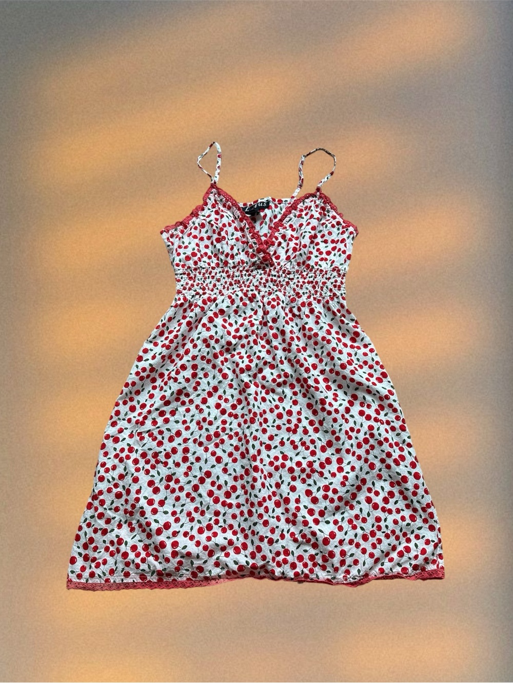 White Dress with Red Cherry Print and Smocked Waist